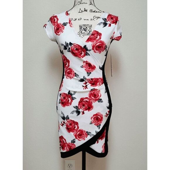 🌹 Almost Famous Framed Wrap Front Colorblock Floral Rose Print Dress SIZE S NWT - Picture 6 of 12